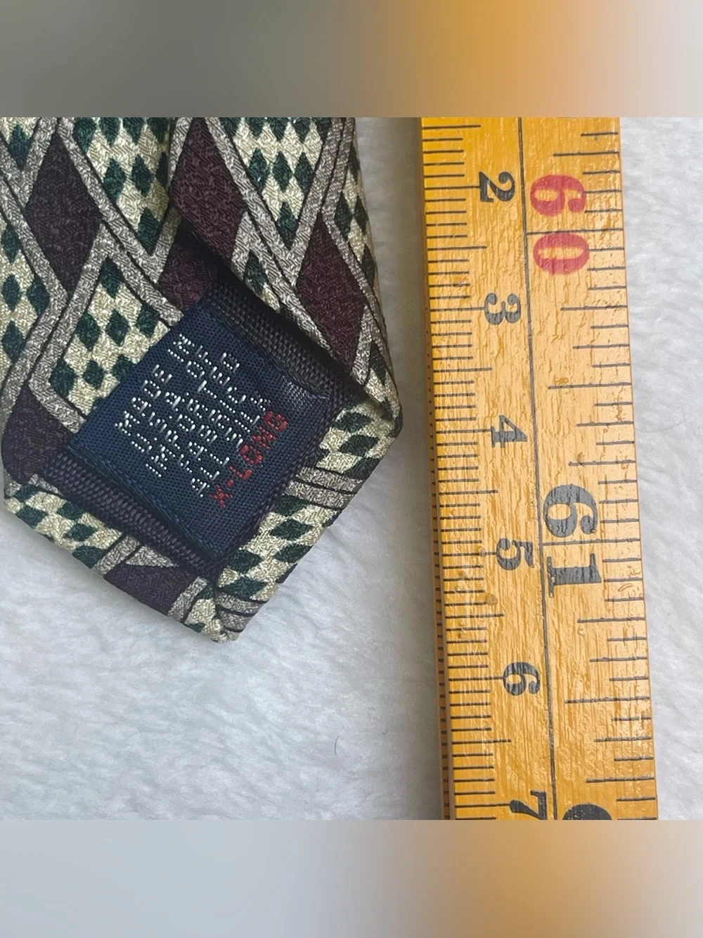 Pattini Mens 100% Silk Extra Long Tie Burgundy Green Geometric Diamond